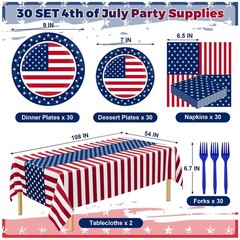 30 Sets 9″ & 7″ Plates, Napkins, Forks – July 4th Disposable