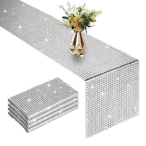 4 Packs Glitter Disco Party Table Runner 12 x 108 Inches Mirror 4pcs Silver