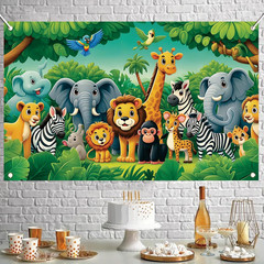 Jungle Animal Birthday Backdrop 71 X 43 Inch Safari Zoo Cartoon Banner with Lion