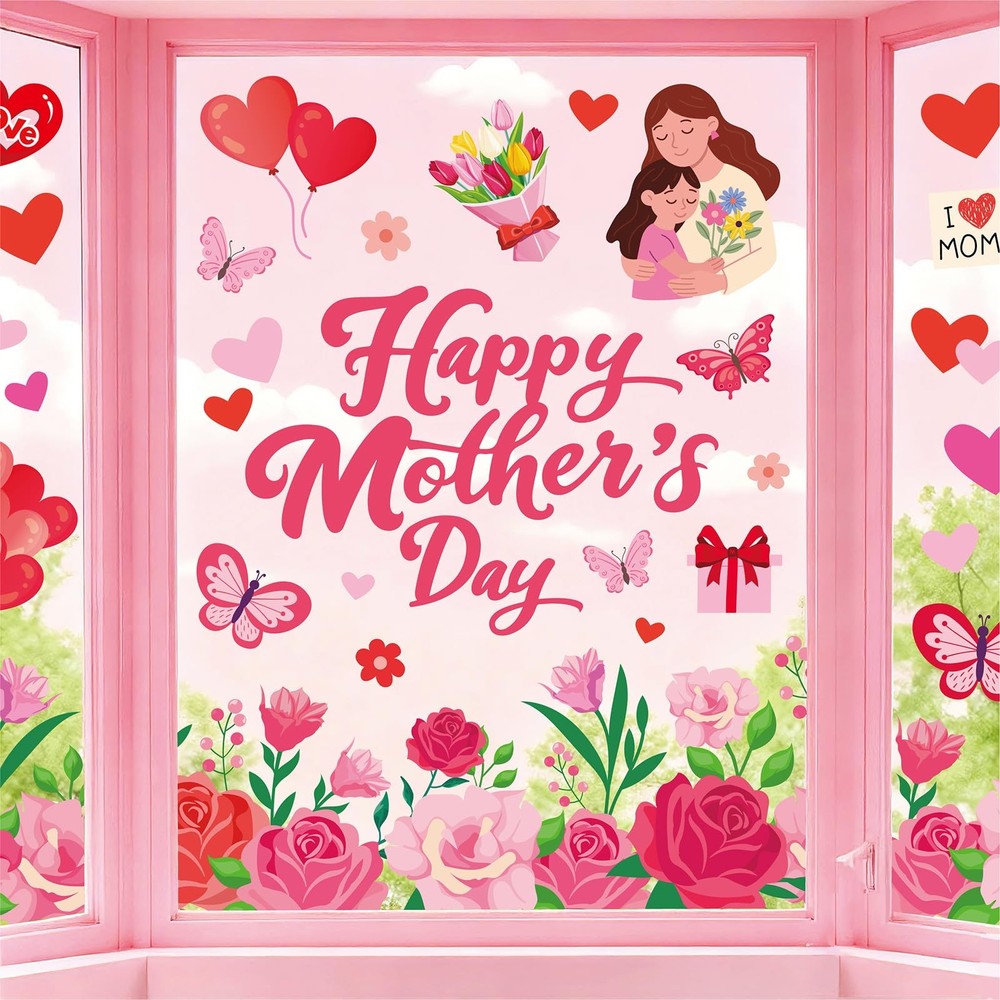 6 Sheets Happy Mother’ s Day Window Clings Rose Flower Heart Window Decal Red Pi