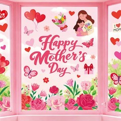 6 Sheets Happy Mother’ s Day Window Clings Rose Flower Heart Window Decal Red Pi
