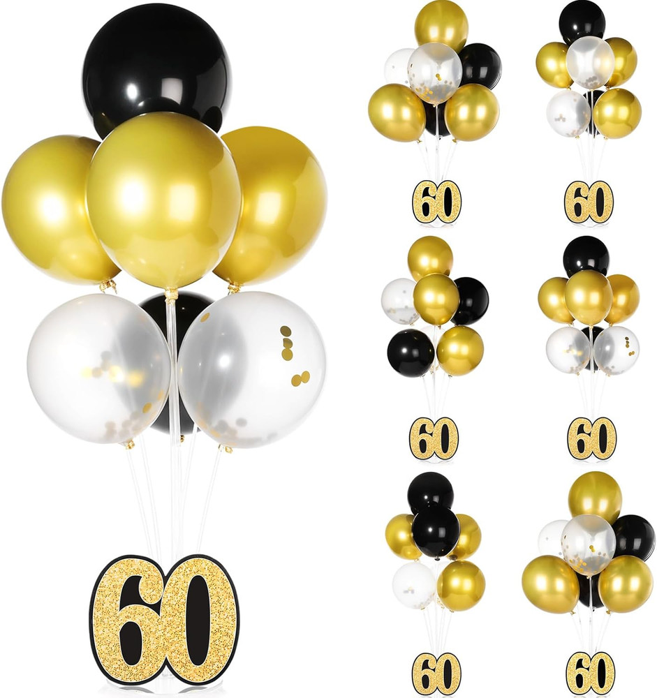 6 Set 60Th Birthday Party Decorations Balloon Centerpieces for Table, Black Gold