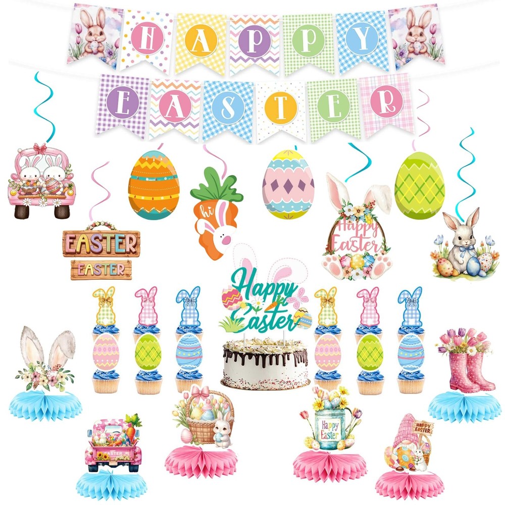 Easter Decorations Set, Happy Easter Banner, Hanging Swirls, Cake Toppers, Ho…