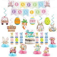 Easter Decorations Set, Happy Easter Banner, Hanging Swirls, Cake Toppers, Ho…