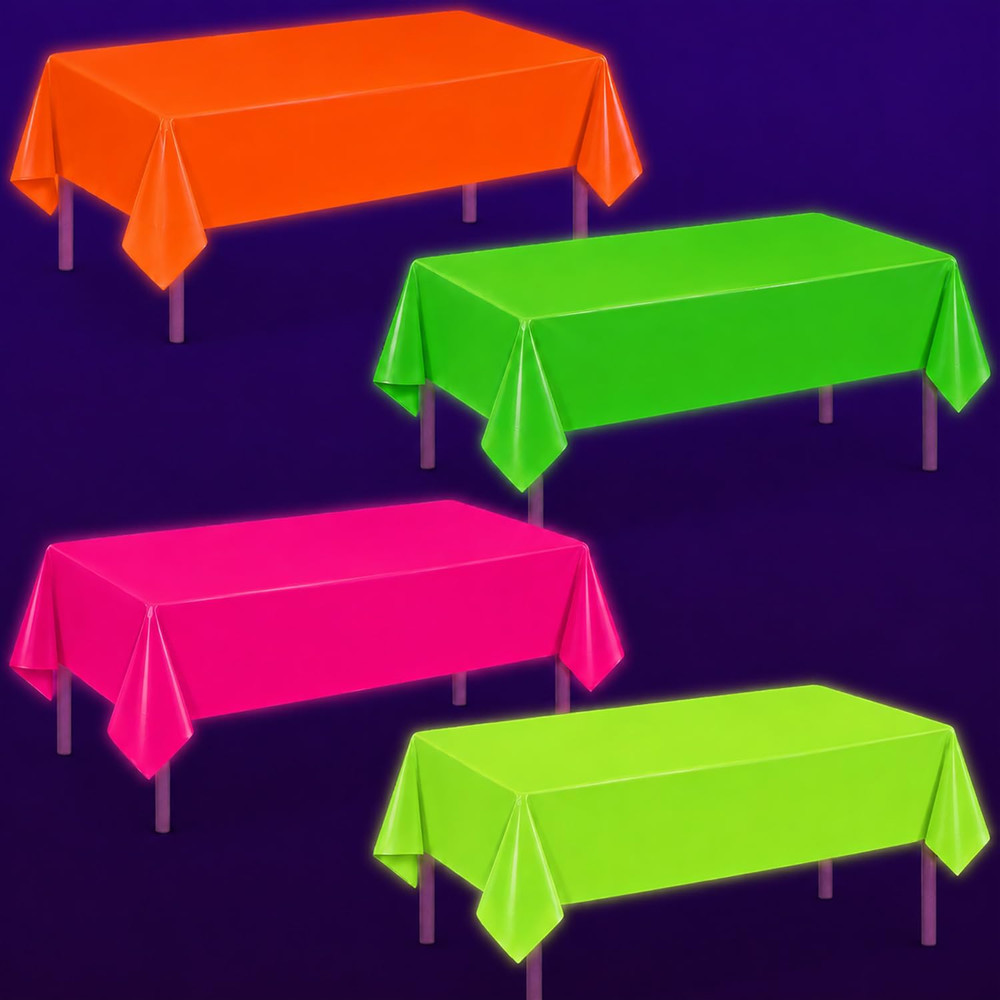 Oigco 4 Pack Neon Tablecloths, Neon Party Decorations, Pink Orange Green Glow in