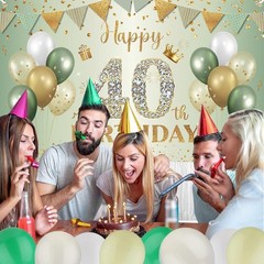 40 Years Gold Sage Green Birthday Decoration Happy Birthday Backdrop 1.1 x 1.8 m