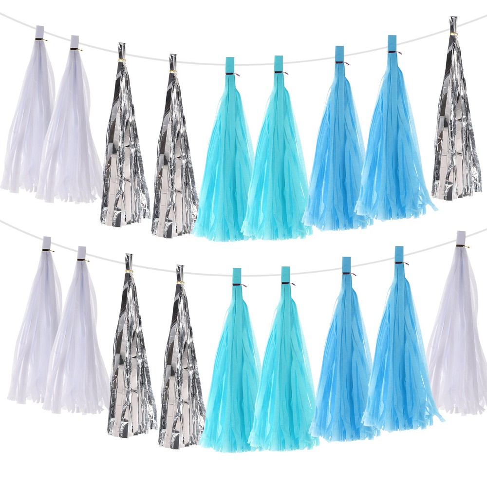 20Pcs Light Blue,Sky Blue,White,Silver Tassel Garland Banner with Rope