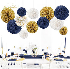 Wedding Party Decorations – 12 PCS Navy Blue and Gold Tissue Paper Pom Poms for