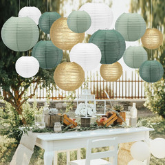 Sage Green Paper Lanterns Decorative,16Pack Gold Green White Party Decorations,H
