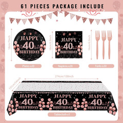 Rose Gold Birthday Tableware,40th Birthday Decorations for Women,61Pcs Rose Gold