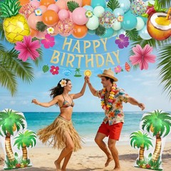 Summer Tropical Party Decorations Set – 59pcs Balloons, 8pcs Palm Leaves