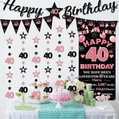 40th Birthday Decorations – 9 Pcs Rose Gold & Black Banner, Glitter Garland & Fl