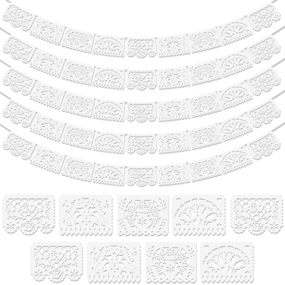 5-Pack 90Ft White Papel Picado Banner for Parties, Weddings, & Fiesta Decor