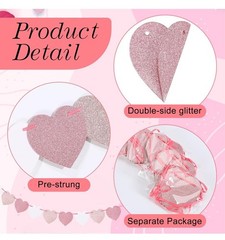 60Pcs Hanging Hearts Pink Sparkle Garland Valentines Day Anniversary Decoration