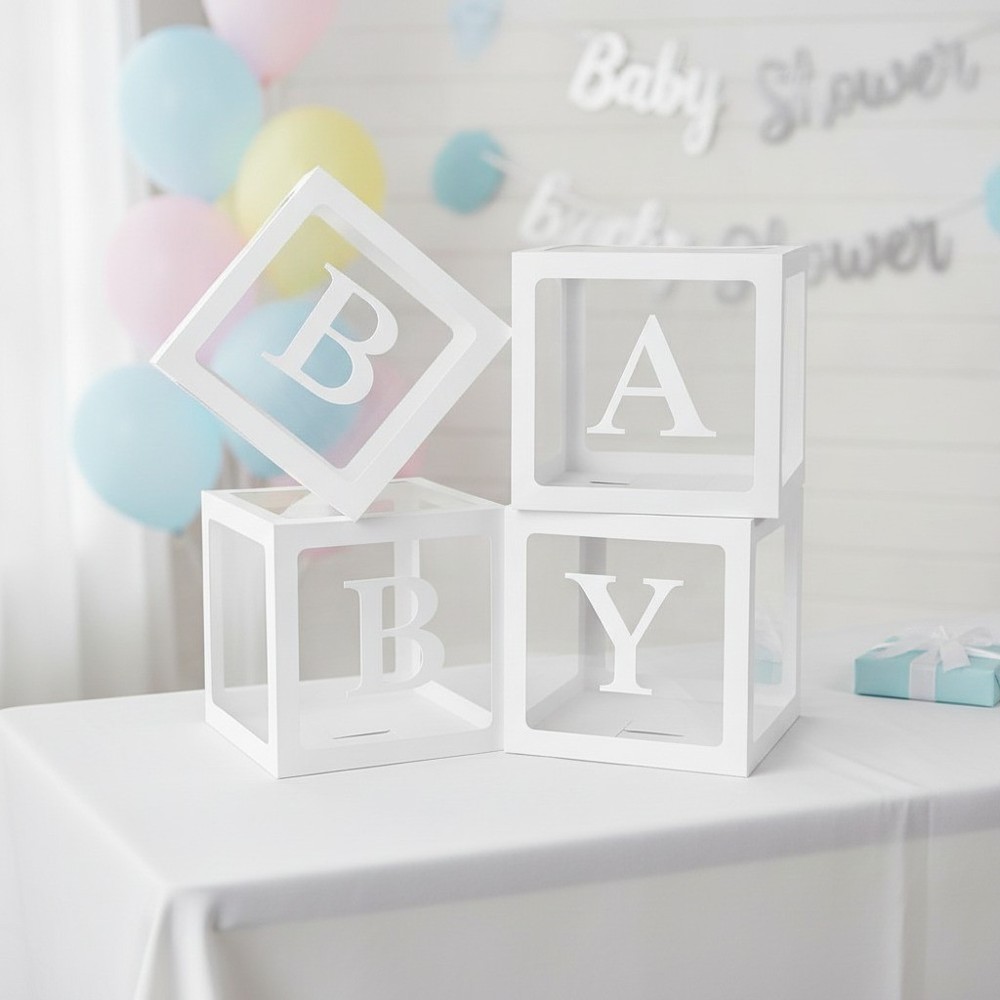 Clear Baby Shower Gift Boxes, 4 Pc, Foldable, 11.8″ Cube, BABY Letters