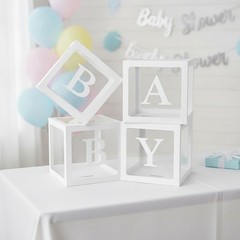 Clear Baby Shower Gift Boxes, 4 Pc, Foldable, 11.8″ Cube, BABY Letters