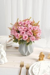 Artificial Rose Silk Flower Pink Bundle Bouquet Wedding Party Kitchen Office Dec