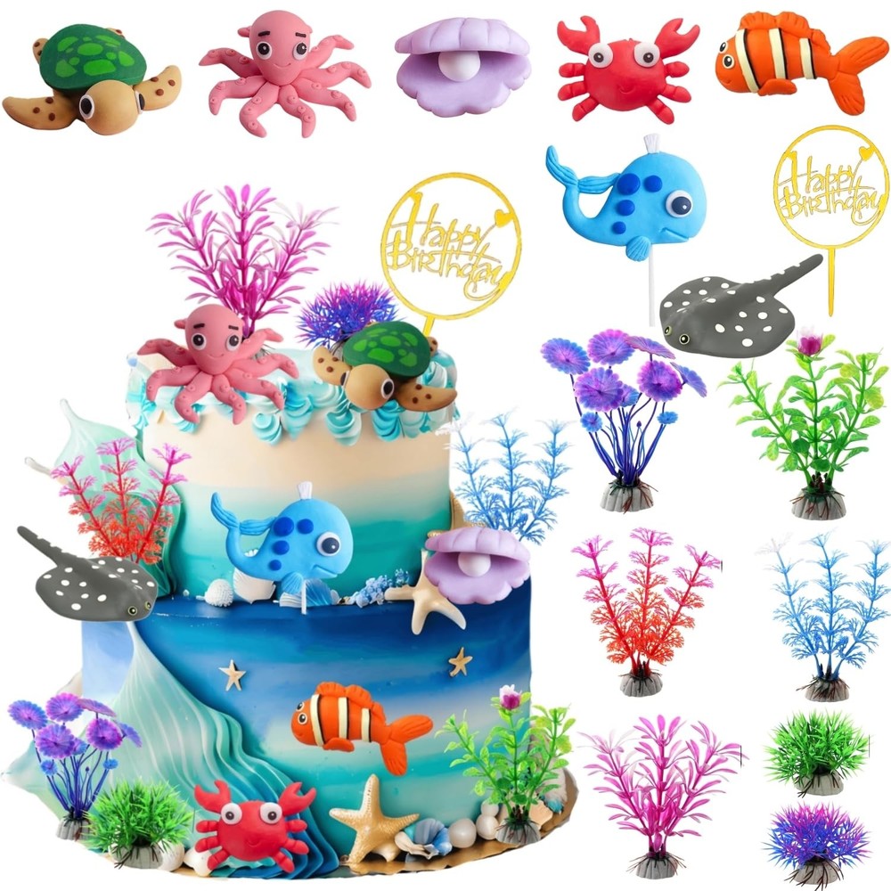 Ocean Cake Toppers Under The Sea Animal Decorations Birthday Party 15 PCS