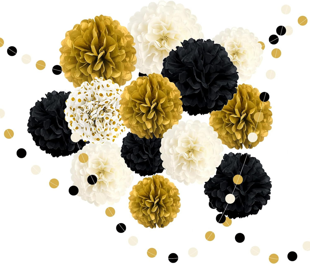 Black and Gold Party Decorations, 16 PCS Tissue Paper Pom Poms Dots Paper Garlan
