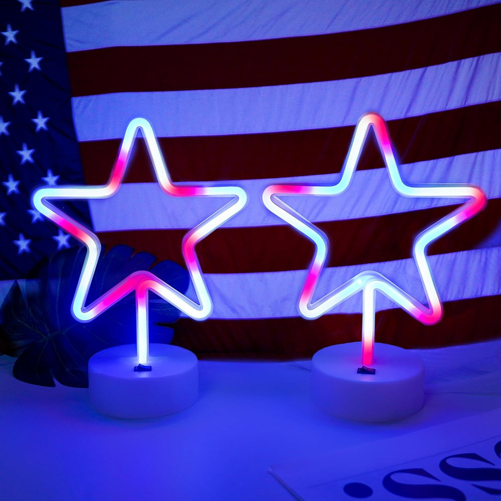 4Th of July Decorations 250Th Anniversary, 2PCS Patriotic Star Neon Lights, Red