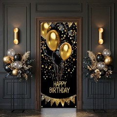 Happy Birthday Door Banner Decorations – Black and Gold Birthday Door Cover f…
