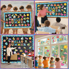 71 Pcs Hello Summer Bulletin Board Set Hawaiian Beach Slippers Sun DIY Borders B