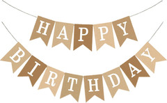 Happy Birthday Banner, Boho Neutral Beige Brown Canvas Faux Burlap Garland, Pre-