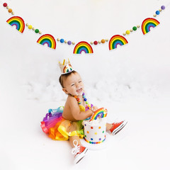 Colorful Pre-Strung Rainbow Banner Felt Wool Ball Wood Beads Garland Multicolor