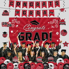 Graduation Decorations 2026 Set – Red Themed Congrats Grad Banner, Backdrop, Han
