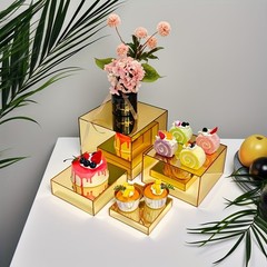 Golden Acrylic Cake Stand Set–Modular Dessert Box for Birthday, Wedding, Party