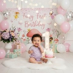 Fairy First Birthday Backdrop Banner – 6×3.6 ft Pink Fairy “One” Party