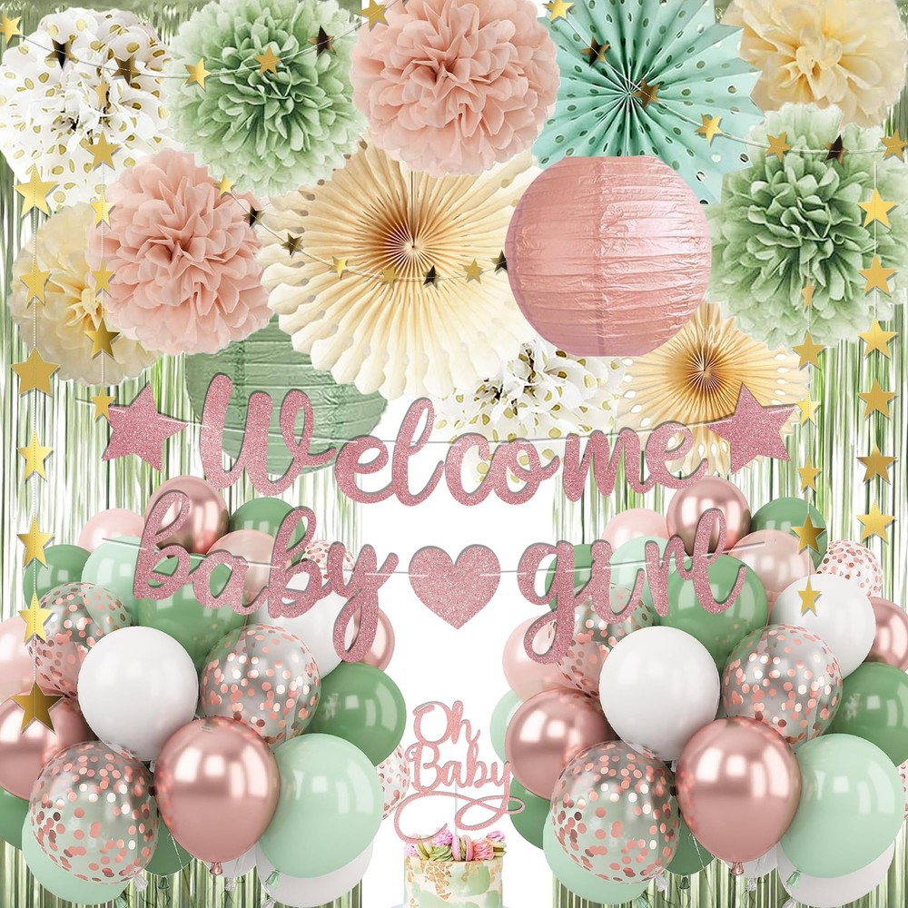 Dusty Pink Sage Green Baby Shower Decorations – Welcome Rose Pink&sage