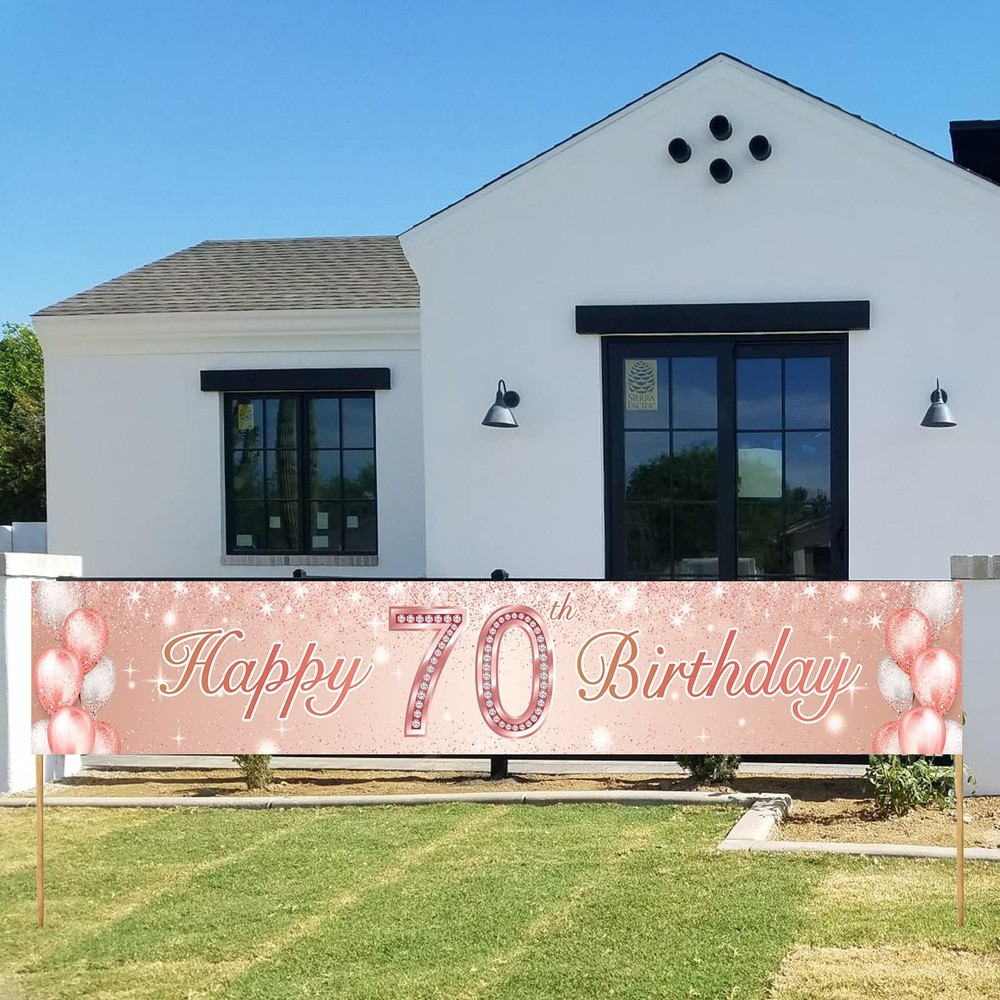 Happy 70th Birthday Rose Gold Banner Backdrop Balloon Confetti 70, Multi