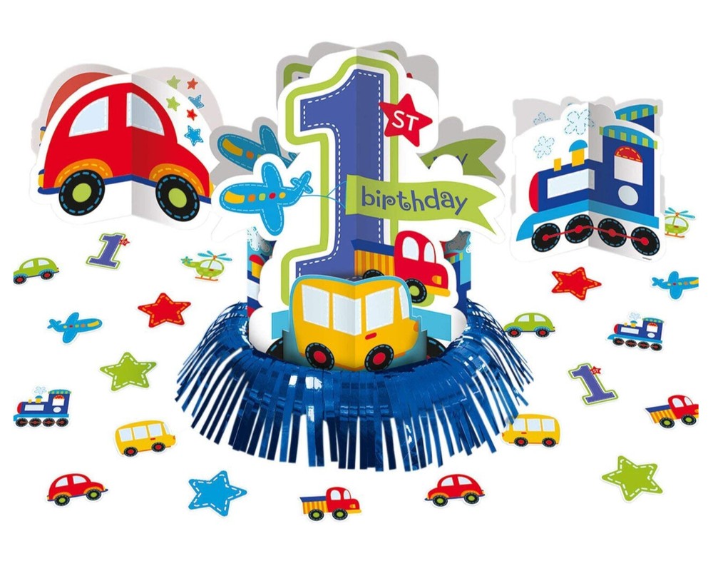 All aboard boy 1st birthday table top decorating kit Cars Trains