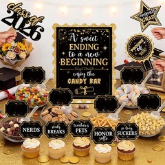 2026 Graduation Candy Buffet Decor – Black Gold Signs & Food Labels Set for Part