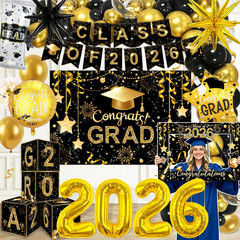 2026 Graduation Decorations Class of 2026 Black and Gold Congrats Grad Balloons,