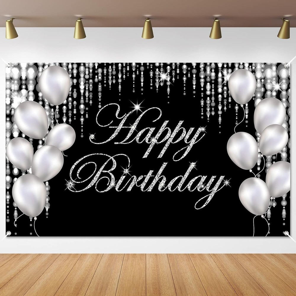 Silver Black Happy Birthday Backdrop Banner Photography Background Party Decor
