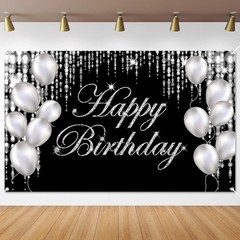 Silver Black Happy Birthday Backdrop Banner Photography Background Party Decor