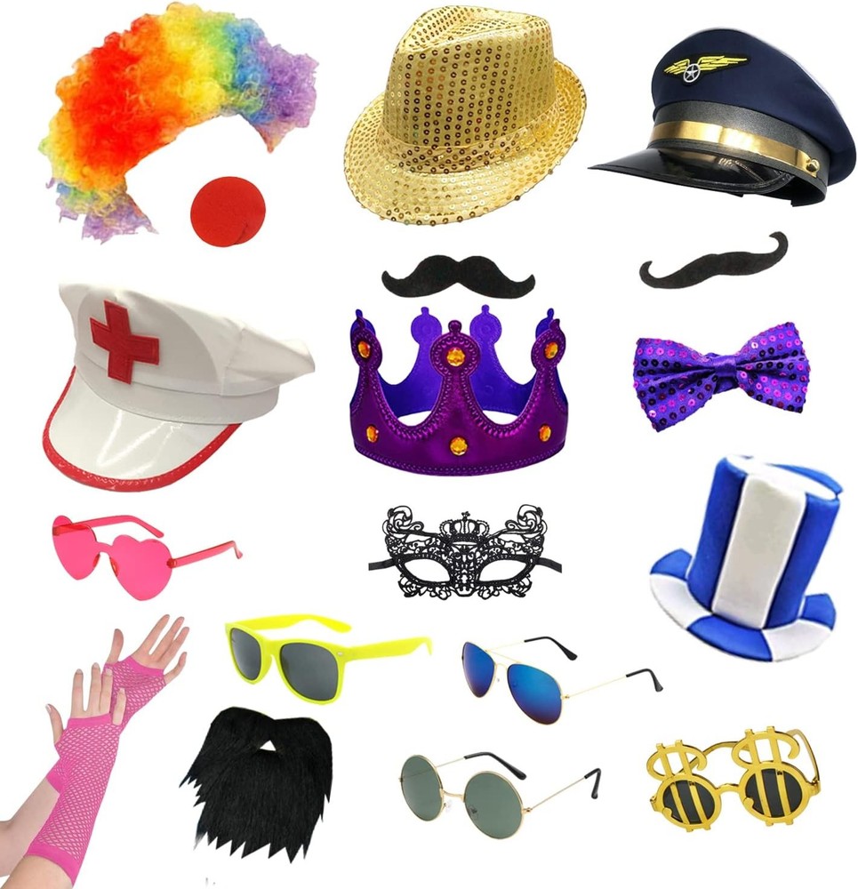 18 Pcs Funny Photo Booth Props Adults Assorted Dress Up Costume Hats & Fun