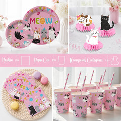 213Pcs Cat Birthday Decorations, Complete Paper Tableware Set Includes 350Gsm Pl