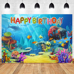 8X6FT under the Sea Happy Birthday Banner Backdrop Decoration Cartoon Ocean Phot