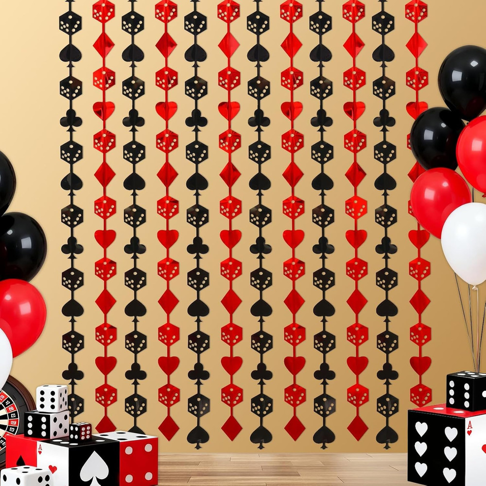 Casino Theme Party Decorations, 2 Pack 3.3X6.6 Ft Red and Black Tinsel Foil Frin