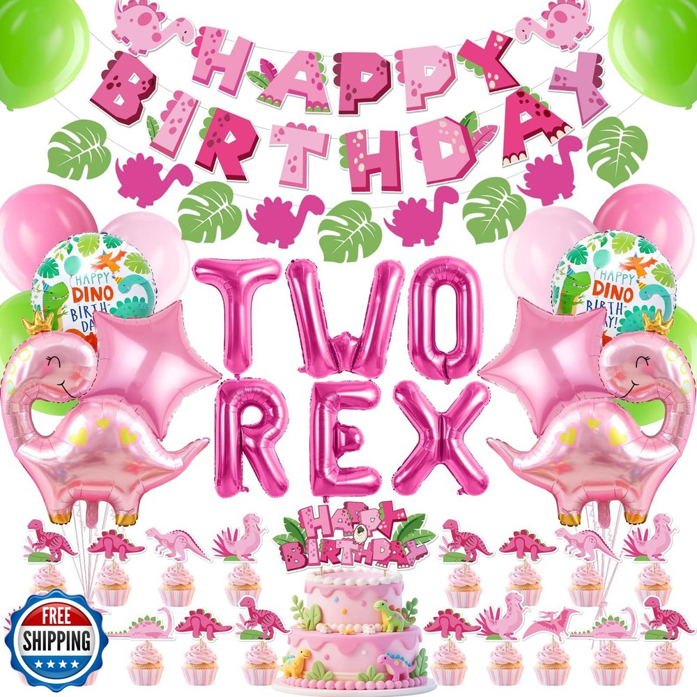 WORTHUG Pink Dinosaur 2nd Birthday Party Decorations Supplies for Girls, Incl