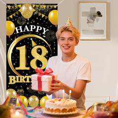 18Th Birthday Decorations Door Banner – 1 Pcs Glitter Gold Black Happy 18Th Birt