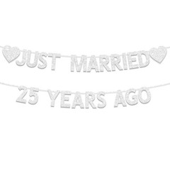 25Th Wedding Anniversary Party Banner Decorations, Silver Glitter Just Married 2