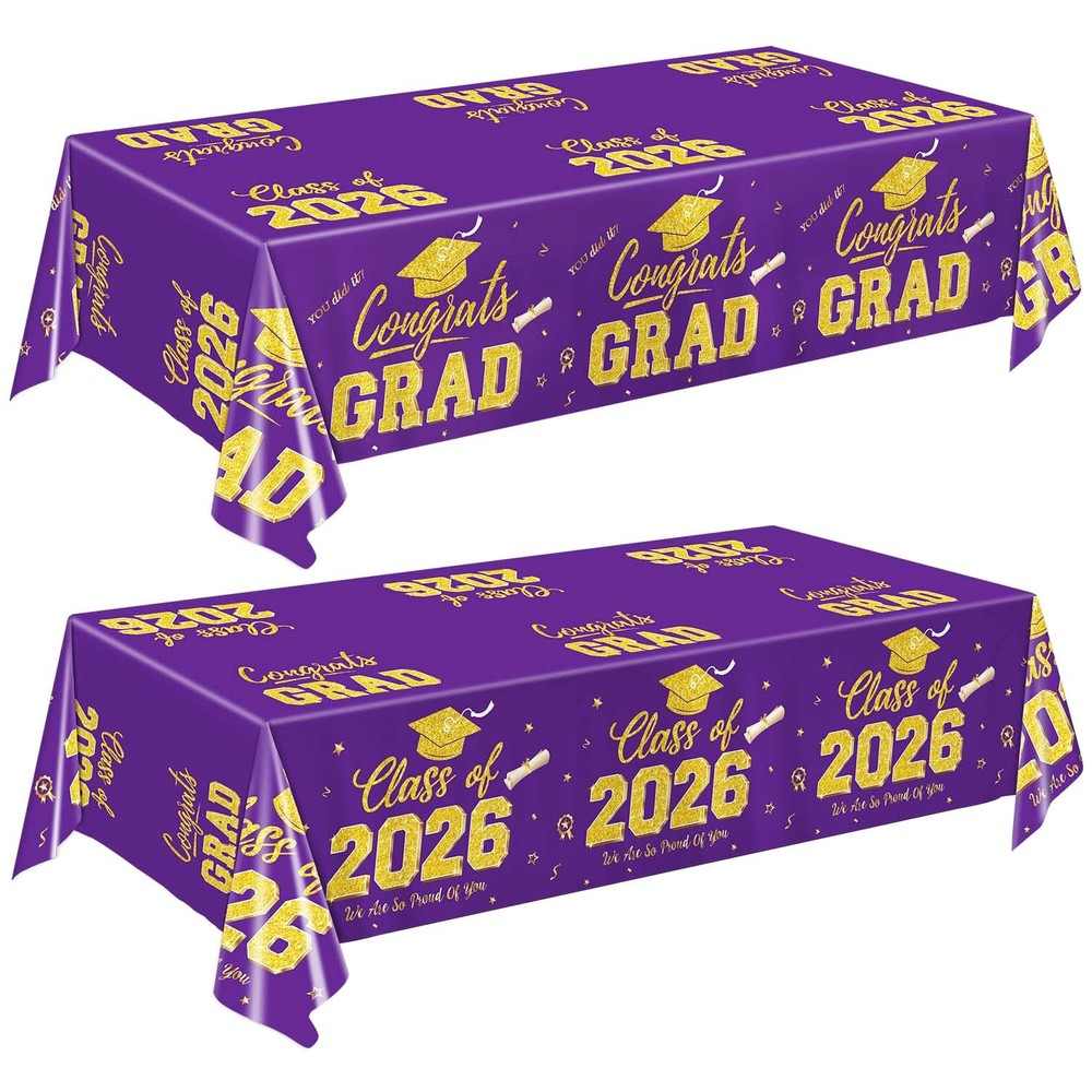 Graduation Decorations 2026, Purple and Gold Graduation Tablecloths, 2 Pack Cong