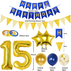 15Th Birthday Decorations Boys, Navy Blue Gold Balloons and Happy Birthday Banne