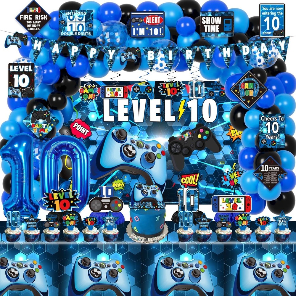 10Th Birthday Decorations for Boys, 149Pcs Blue Video Game Level 10 Party Suppli