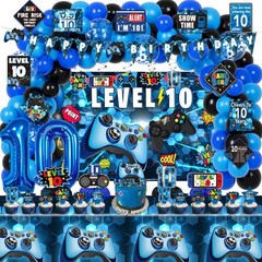 10Th Birthday Decorations for Boys, 149Pcs Blue Video Game Level 10 Party Suppli