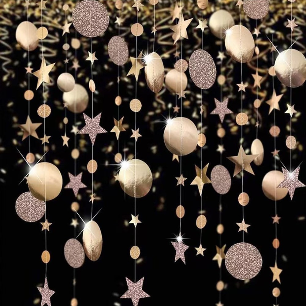 Star and Circle Hanging Garland, 65 feet 65 Feet Length, Champagne Gold